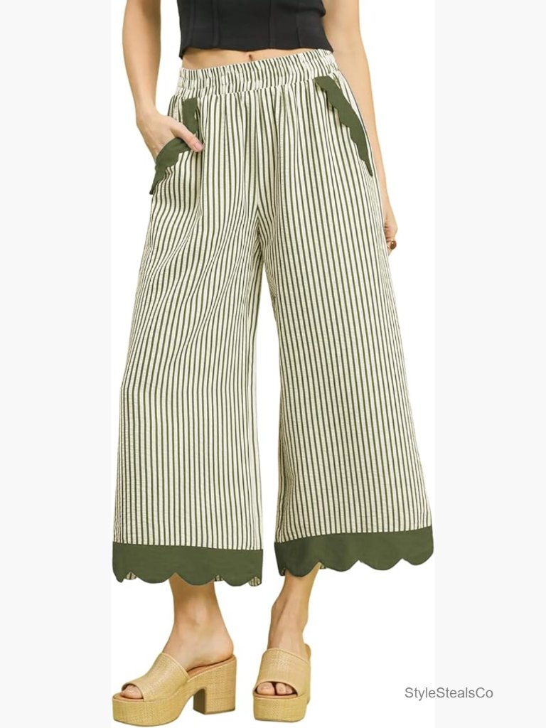 Women's Striped Wide Leg Cropped Pants Elastic Waist Scalloped Hem With Pockets